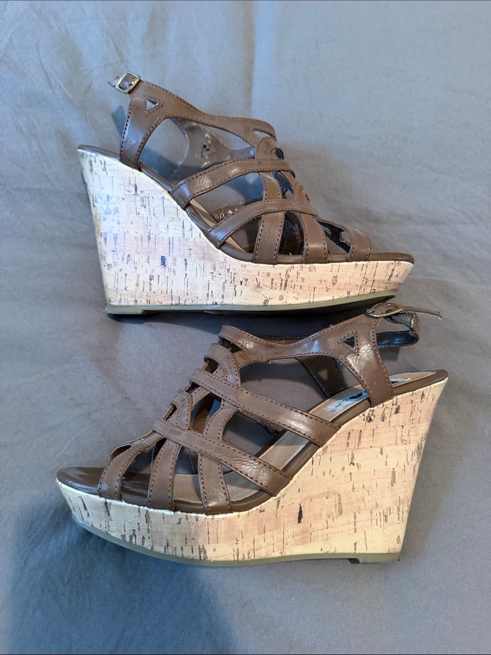 Diba Brown Strappy Cork-Look Wedge Sandals